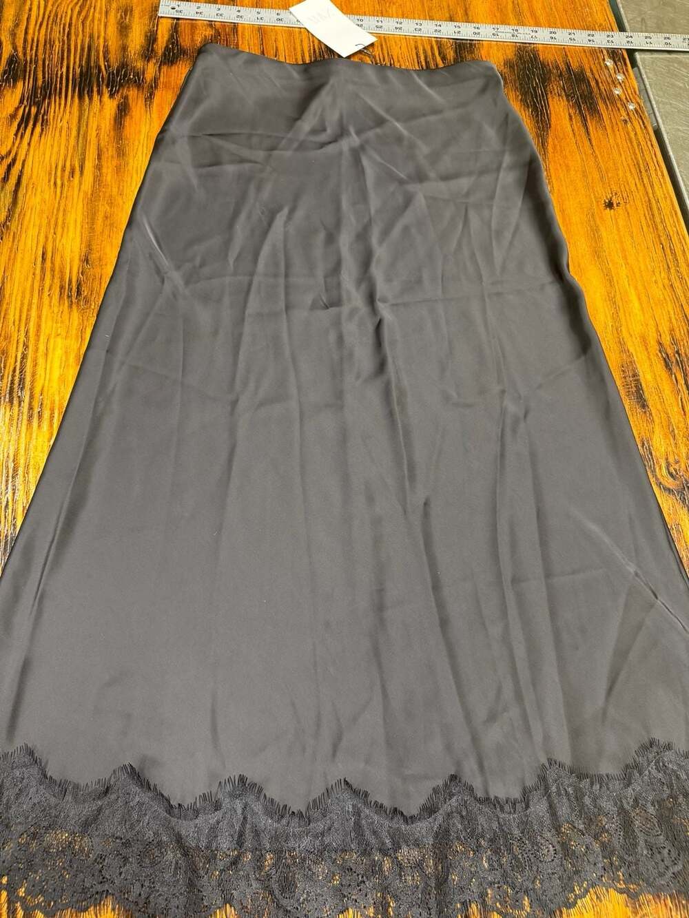 Zara Satin Lace Trim Midi Skirt Size S Black